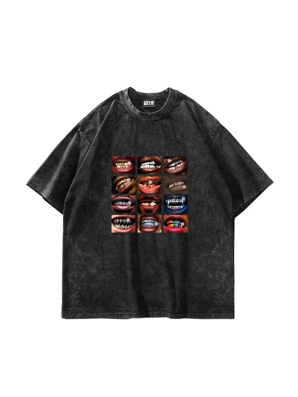 Grillz Baskılı Oversize Unisex Yıkamalı Siyah Tshirt