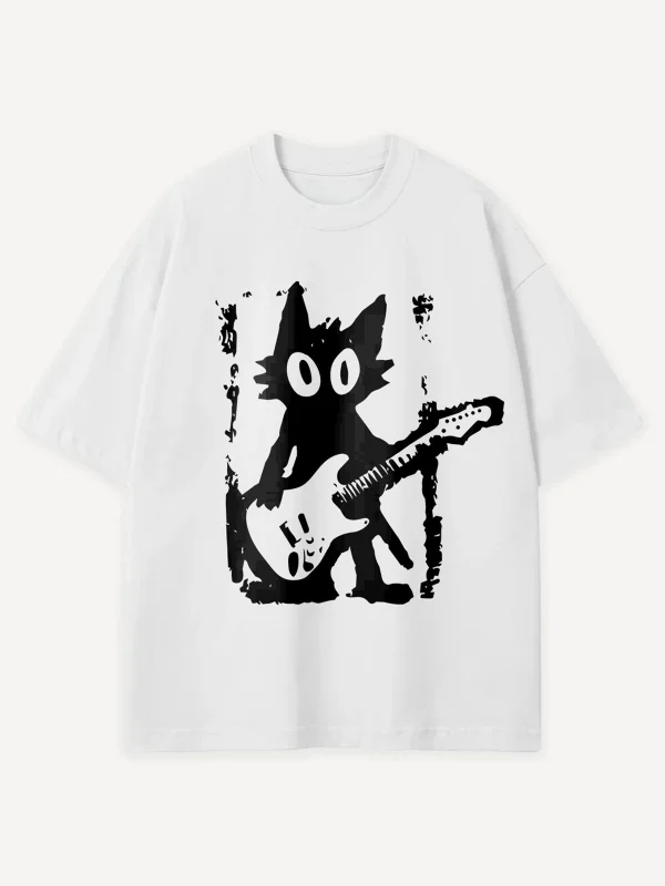 Guitar Cat Baskılı Beyaz Oversize Tshirt