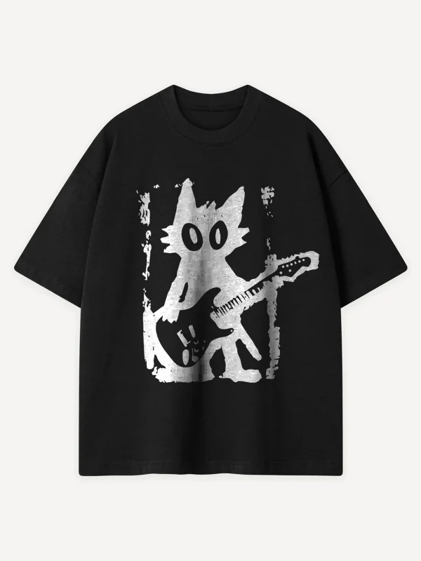 Guitar Cat Baskılı Siyah Oversize Tshirt