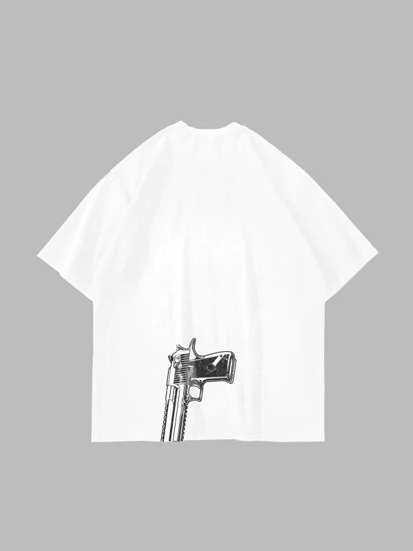 Gun Graphic Baskılı Beyaz Oversize Unisex Tshirt