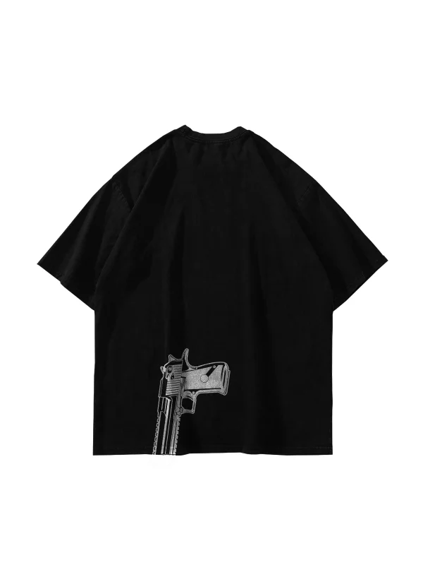 Gun Graphic Baskılı Siyah Oversize Unisex Tshirt