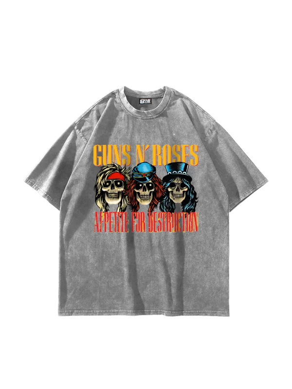 Guns N Roses Destruction Baskılı 24/1 Oversize Unisex Yıkamalı Beyaz Tshirt