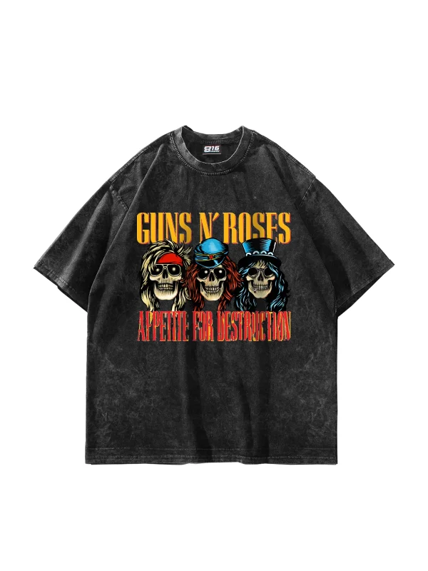 Guns N Roses Destruction Baskılı 24/1 Oversize Unisex Yıkamalı Siyah Tshirt