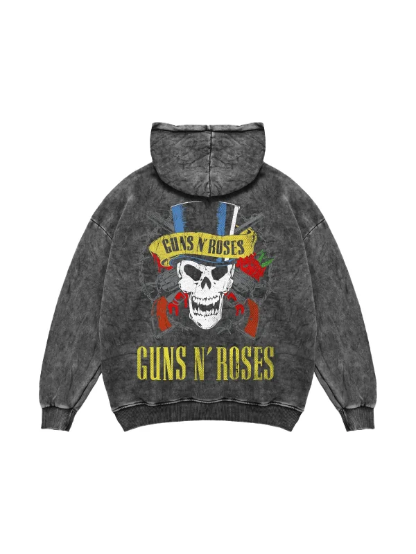 Guns N Roses Baskılı Yıkamalı Siyah Oversize Hoodie