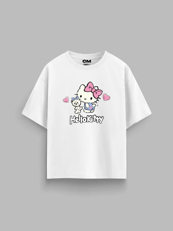 H. Kitty Baskılı Rahat Kalıp 30/1 Unisex Beyaz Tshirt