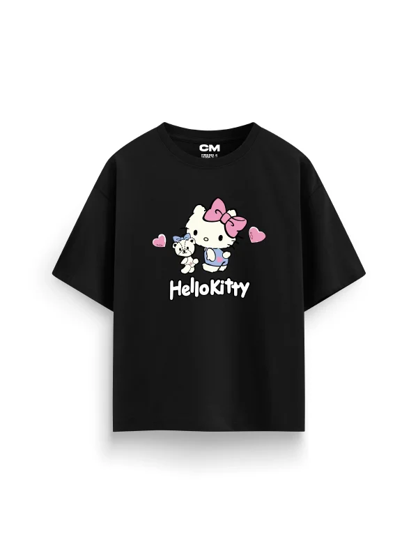 H. Kitty Baskılı Rahat Kalıp 30/1 Unisex Siyah Tshirt