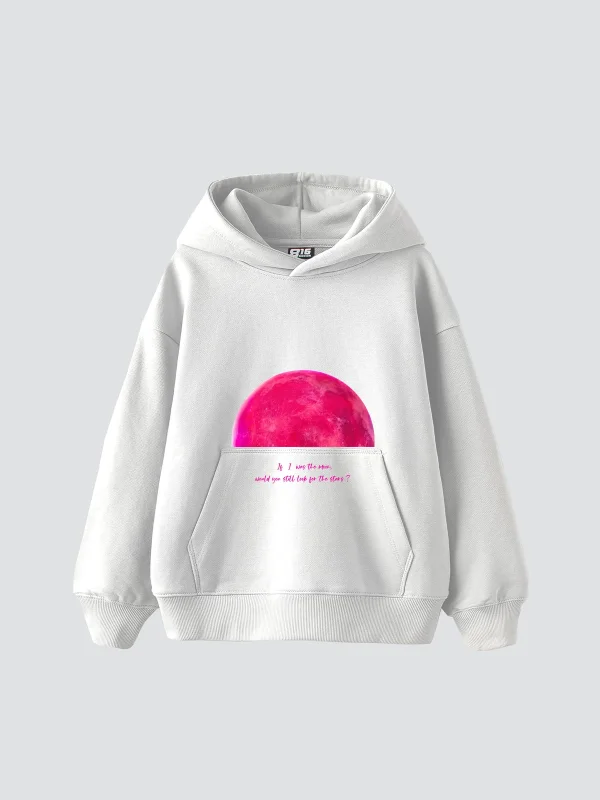 Half Moon Baskılı Oversize Unisex Beyaz Hoodie