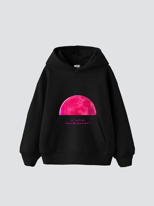 Half Moon Baskılı Oversize Unisex Siyah Hoodie