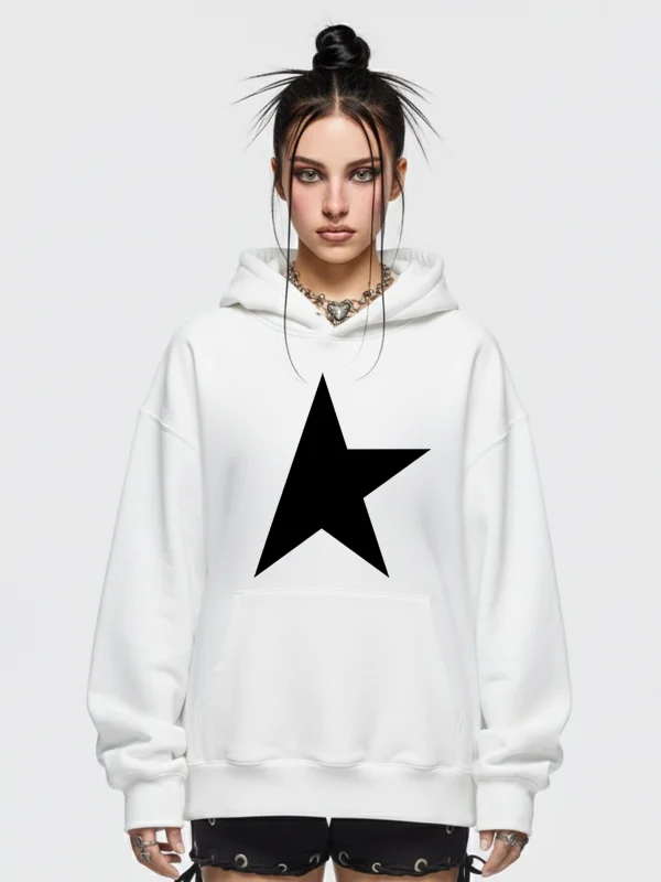 Half Star Baskılı Oversize Unisex Beyaz Hoodie