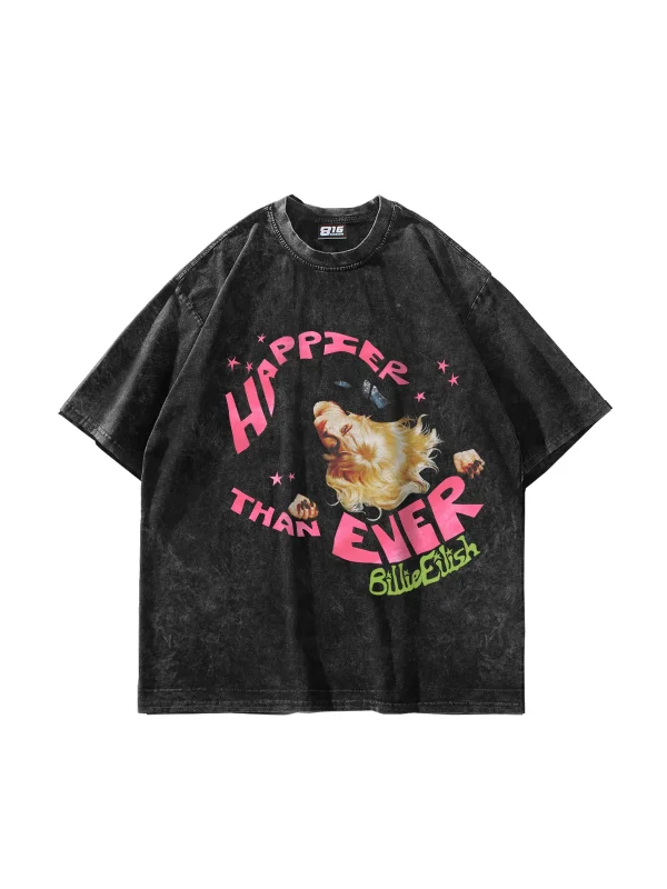 Happier Than Ever Baskılı Oversize Unisex Yıkamalı Siyah Tshirt