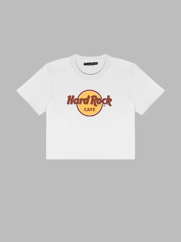 Hard Rock Baskılı Beyaz Crop Top