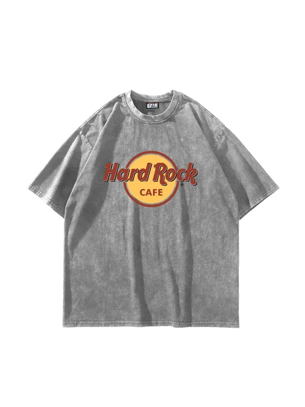 Hard Rock Baskılı Oversize Unisex Yıkamalı Beyaz Tshirt