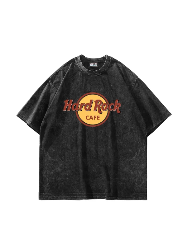 Hard Rock Baskılı Oversize Unisex Yıkamalı Siyah Tshirt