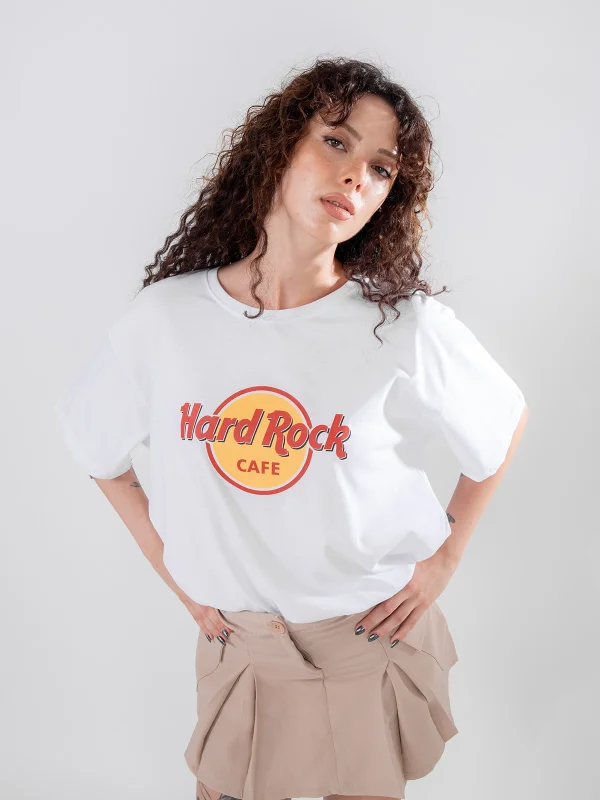 Hard Rock Baskılı Relaxed Fit Beyaz Kadın Tshirt