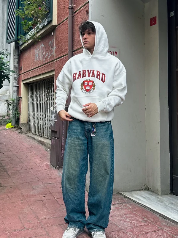 Harvard Baskılı Oversize Unisex Beyaz Hoodie