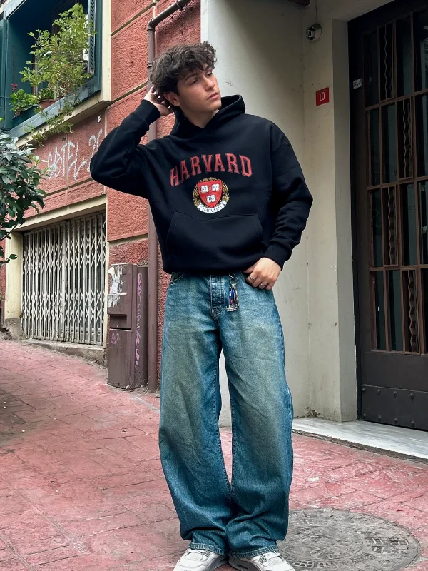 Harvard Baskılı Oversize Unisex Siyah Hoodie