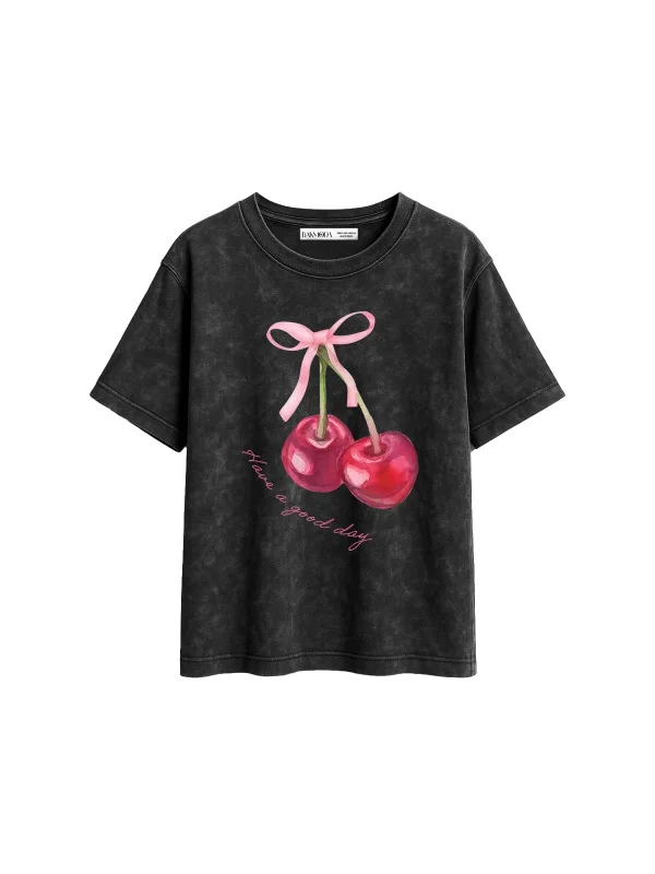 Have a Good Day Baskılı Relaxed Fit Yıkamalı Siyah Kadın Tshirt