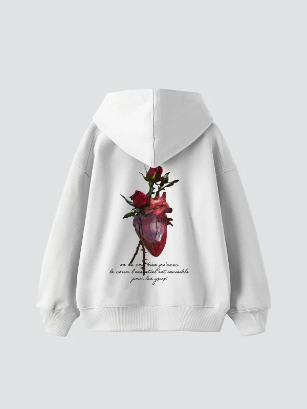 Heart&Rose Baskılı Oversize Unisex Premium Beyaz Hoodie