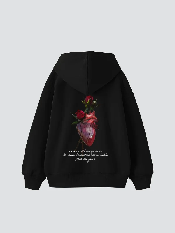 Heart&Rose Baskılı Oversize Unisex Premium Siyah Hoodie