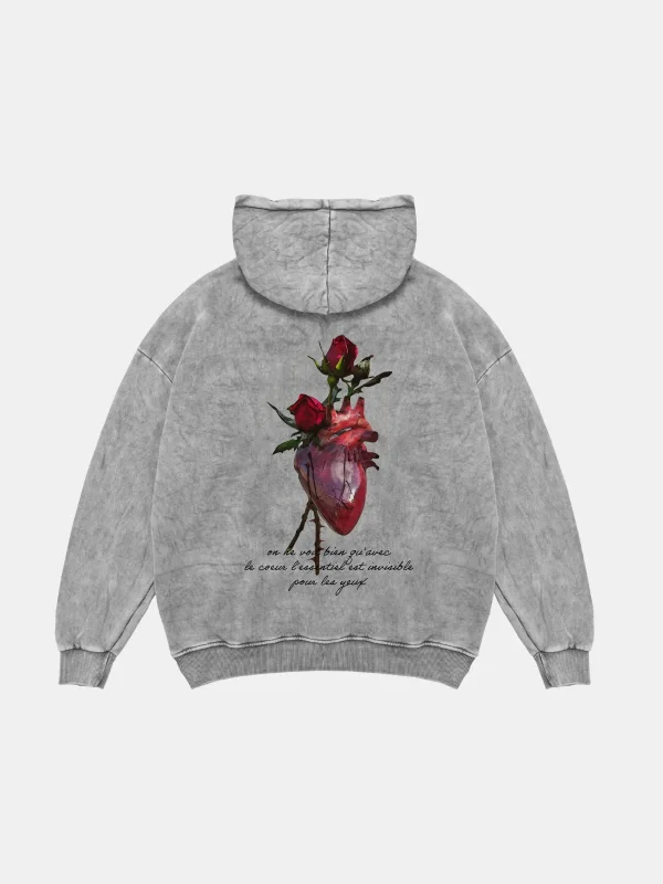 Heart&Rose Baskılı Oversize Unisex Premium Yıkamalı Beyaz Hoodie