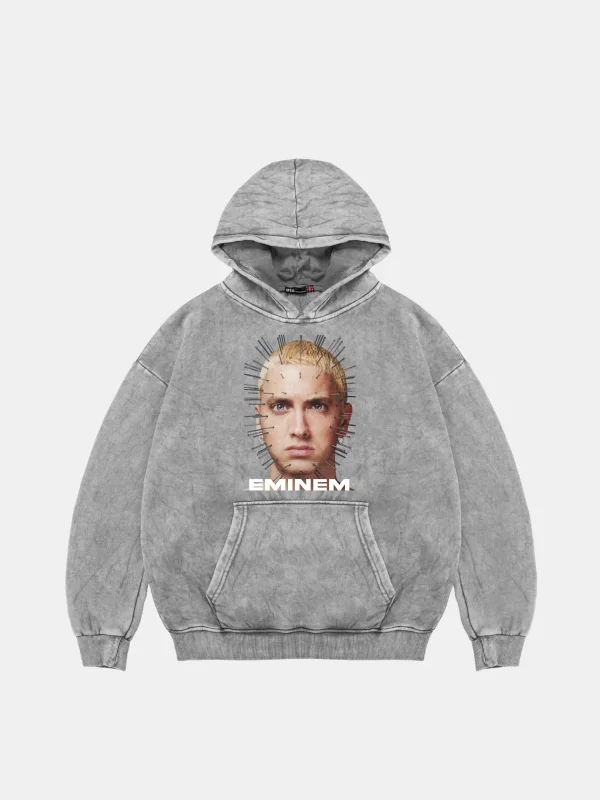 Eminem Baskılı Oversize Unisex Premium Yıkamalı Beyaz Hoodie
