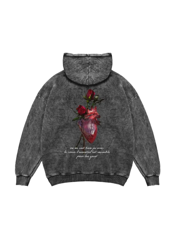 Heart&Rose Baskılı Oversize Unisex Premium Yıkamalı Siyah Hoodie