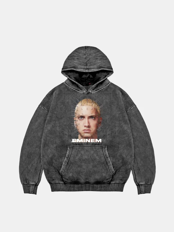 Eminem Baskılı Oversize Unisex Premium Yıkamalı Siyah Hoodie