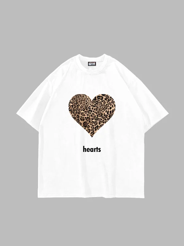 Hearts Leopar Baskılı Oversize Unisex Premium Beyaz Tshirt