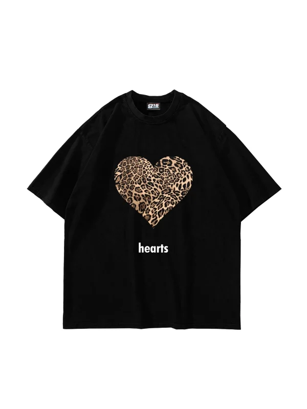 Hearts Leopar Baskılı Oversize Unisex Premium Siyah Tshirt