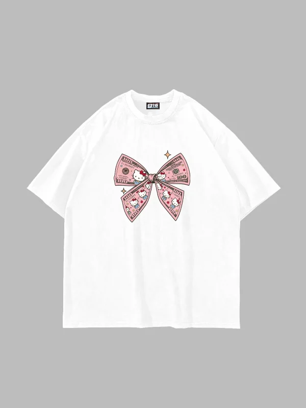 Hello Kitty Fiyonk Baskılı Oversize Unisex Beyaz Tshirt