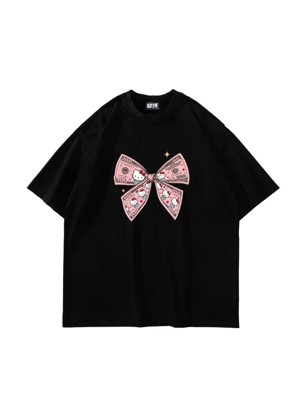 Hello Kitty Fiyonk Baskılı Oversize Unisex Siyah Tshirt