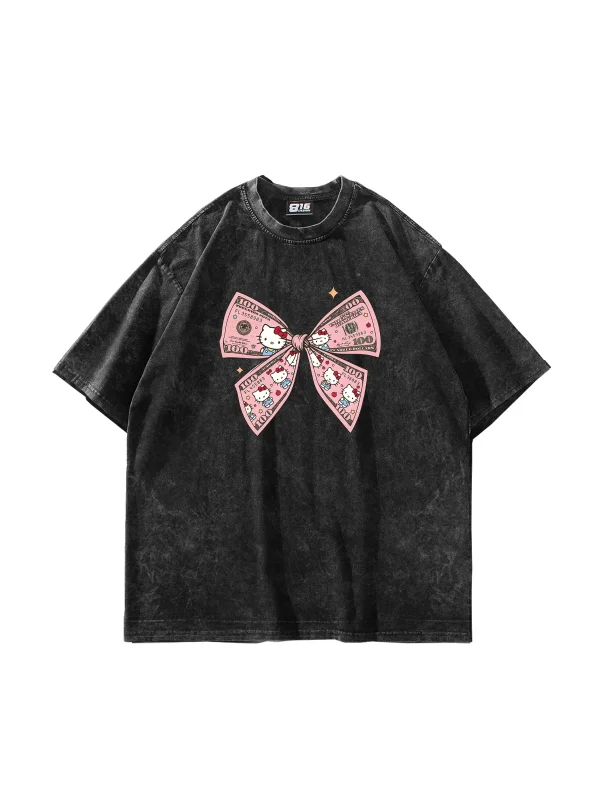 Hello Kitty Fiyonk Baskılı Oversize Unisex Yıkamalı Siyah Tshirt