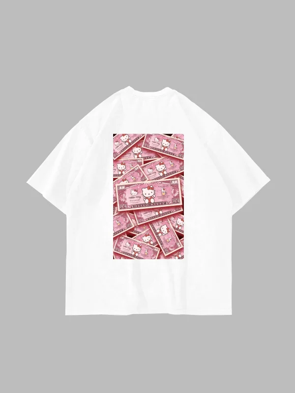 Hello Kitty Money Baskılı Oversize Unisex Beyaz Tshirt