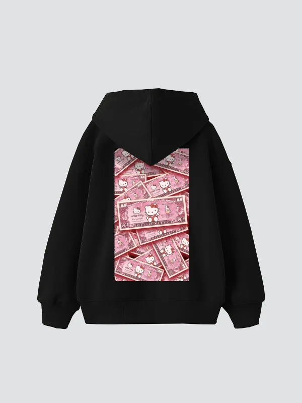 Hello Kitty Money Baskılı Oversize Unisex Siyah Hoodie