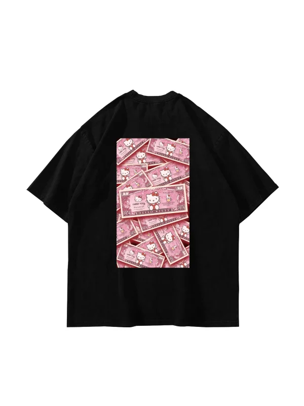 Hello Kitty Money Baskılı Oversize Unisex Siyah Tshirt