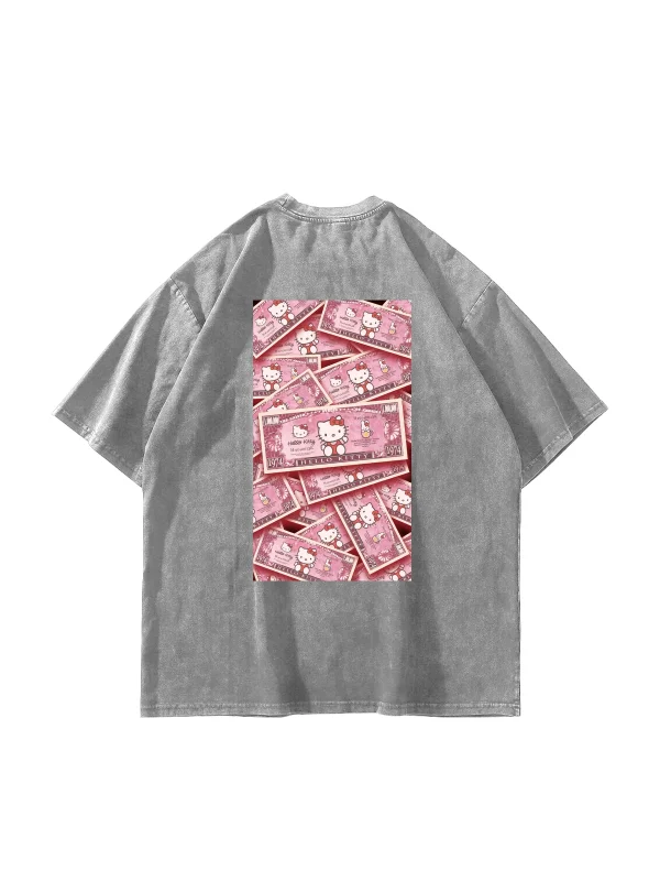 Hello Kitty Money Baskılı Oversize Unisex Yıkamalı Beyaz Tshirt