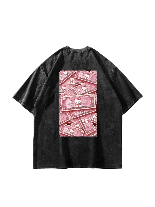 Hello Kitty Money Baskılı Oversize Unisex Yıkamalı Siyah Tshirt