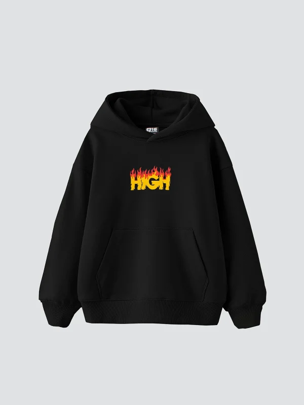High Baskılı Oversize Unisex Premium Siyah Hoodie