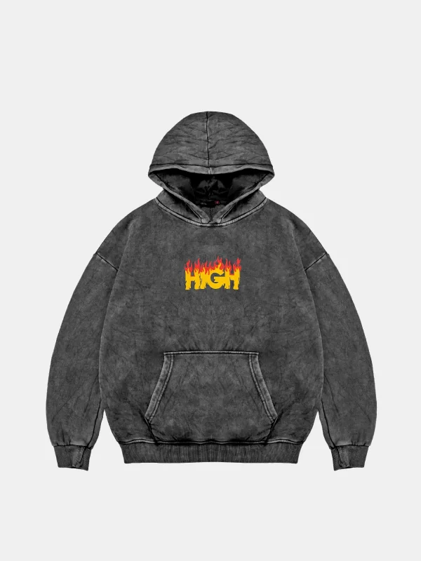 High Baskılı Oversize Unisex Premium Yıkamalı Siyah Hoodie