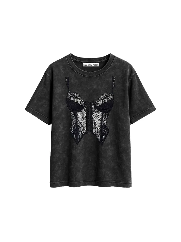 High Grip Baskılı Relaxed Fit Yıkamalı Siyah Kadın Tshirt