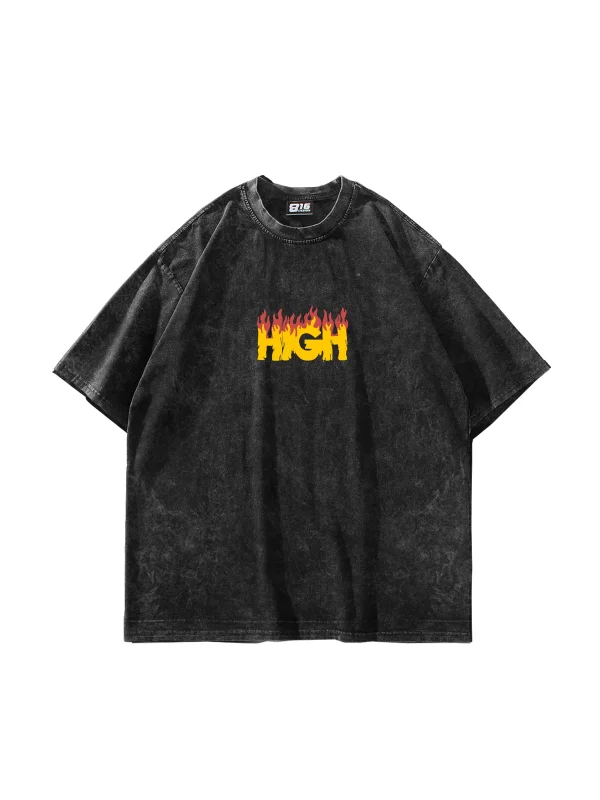 High Yıkamalı Siyah Oversize Unisex Tshirt