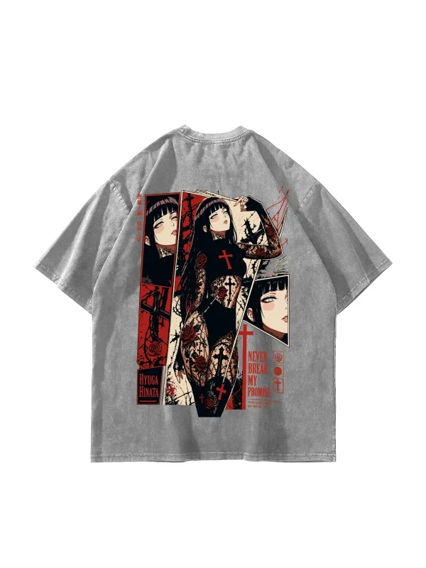 Hinata Hyuga Gothic Graphic Baskılı Yıkamalı Beyaz Oversize Unisex Tshirt