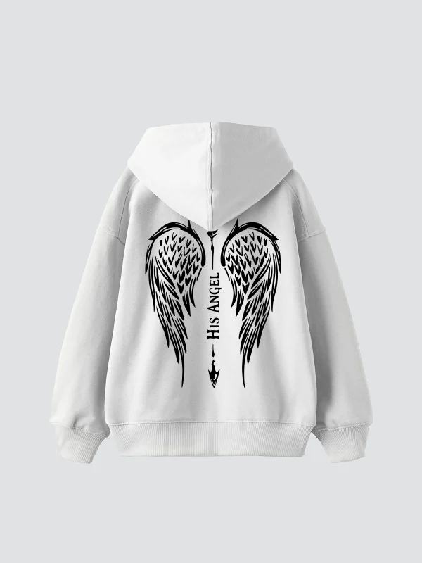 Hıs Angel Baskılı Oversize Unisex Beyaz Hoodie