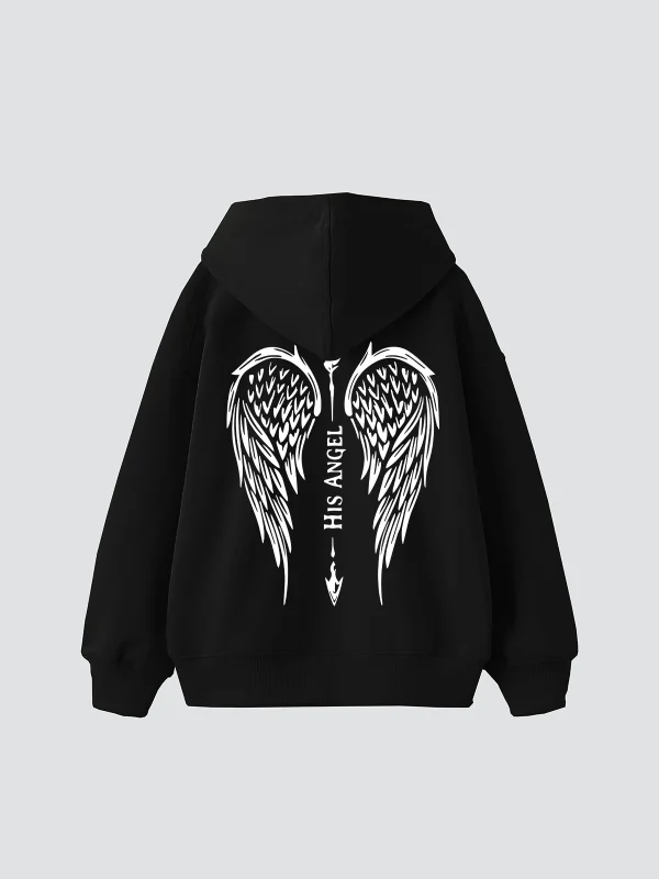 Hıs Angel Baskılı Oversize Unisex Siyah Hoodie
