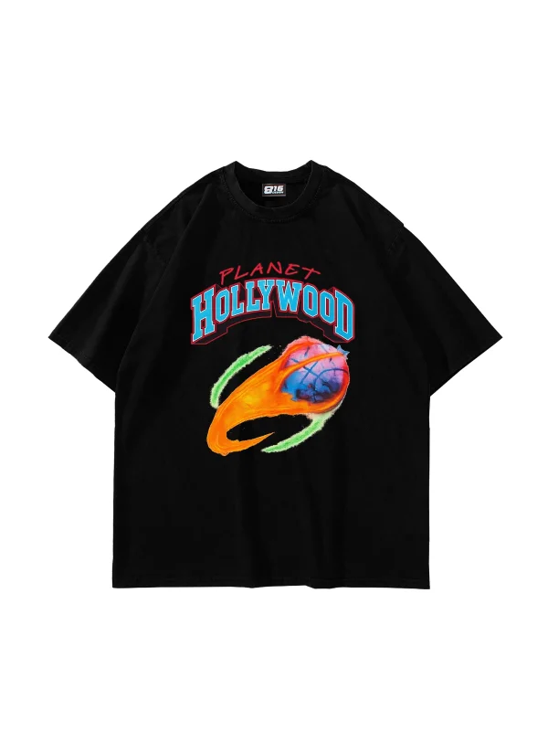 Hollywood Planet Baskılı Oversize Unisex Siyah Tshirt