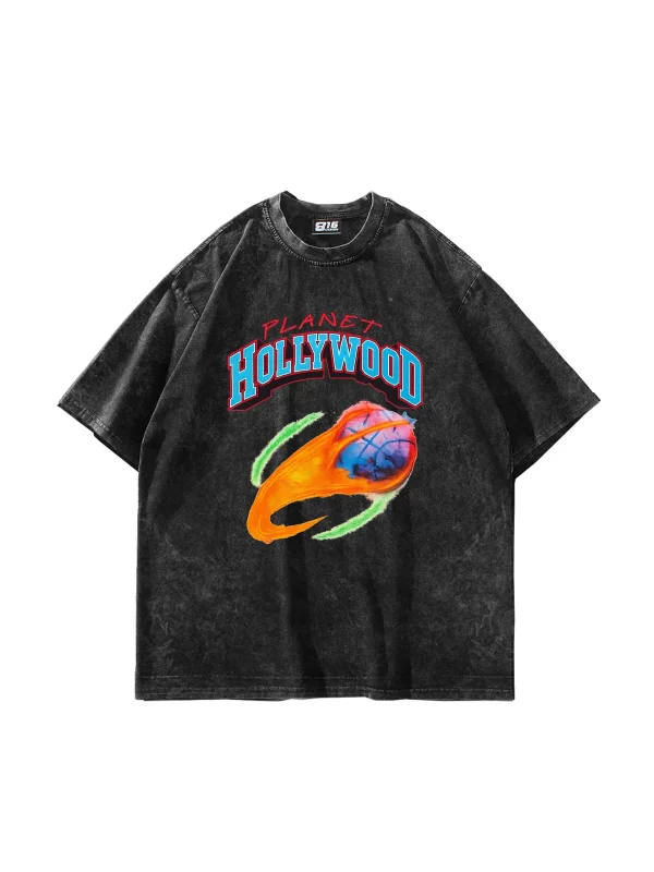 Hollywood Planet Baskılı Oversize Unisex Yıkamalı Siyah Tshirt
