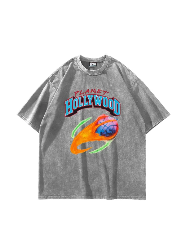 Hollywood Planet Baskılı Oversize Unisex Yıkamalı Beyaz Tshirt
