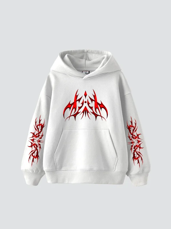 Holographic Red Baskılı Oversize Unisex Premium Beyaz Hoodie