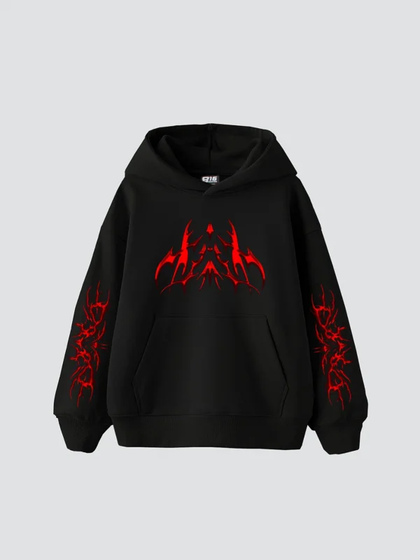 Holographic Red Baskılı Oversize Unisex Premium Siyah Hoodie