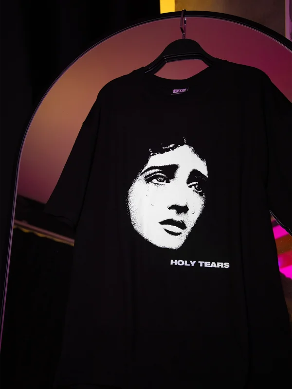 Holy Tears Baskılı Oversize Unisex Siyah Tshirt